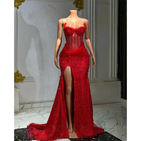 Red Long Prom Dresses For Black Girls Slit Sweetheart Beaded Birthday Party Dresses African Evening Gown Robe De Customized