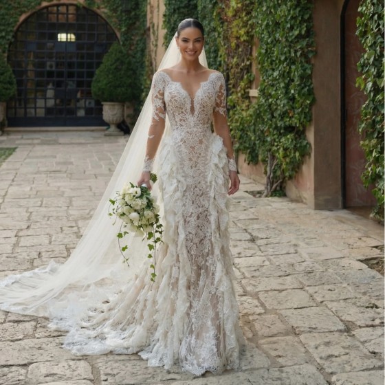 Mermaid Wedding Dresses Long Sleeves Lace Ruffles Luxury Bridal Gown Ivory robe de mariée Formal Wedding Dress Customized
