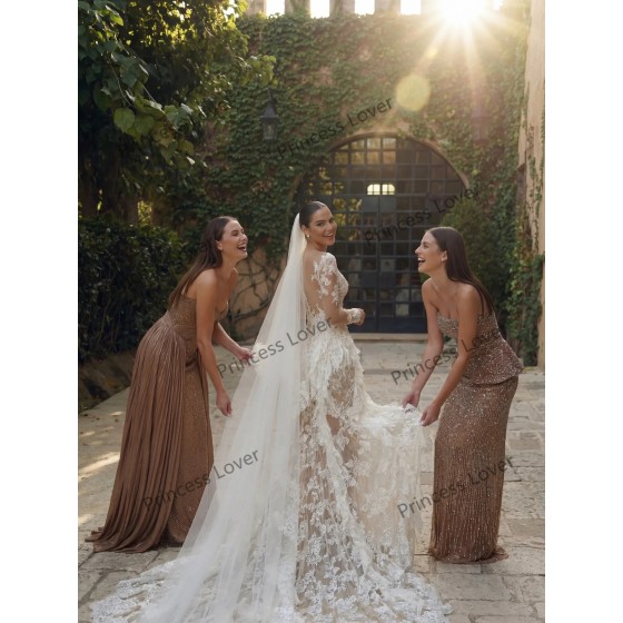 Mermaid Wedding Dresses Long Sleeves Lace Ruffles Luxury Bridal Gown Ivory robe de mariée Formal Wedding Dress Customized