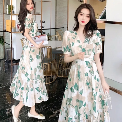 Korean Style Short Sleeve Long Dress Sweet Flower Dress Women Summer Long Dress的图片
