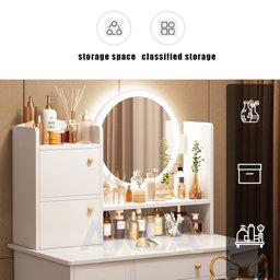 Dresser Table with Mirror LED Light Vanity Table Dressing Makeup Table Desk with Drawer的图片