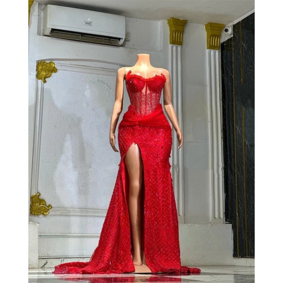 Red Long Prom Dresses For Black Girls Slit Sweetheart Beaded Birthday Party Dresses African Evening Gown Robe De Customized