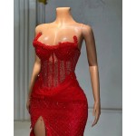 Red Long Prom Dresses For Black Girls Slit Sweetheart Beaded Birthday Party Dresses African Evening Gown Robe De Customized