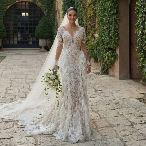 Mermaid Wedding Dresses Long Sleeves Lace Ruffles Luxury Bridal Gown Ivory robe de mariée Formal Wedding Dress Customized